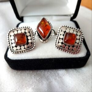 Set Of Sterling Silver/Amber Ring And Earrings